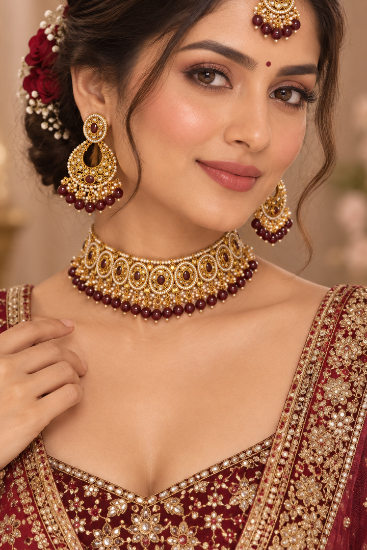 Mahima Maroon crystal beads Choker Set
