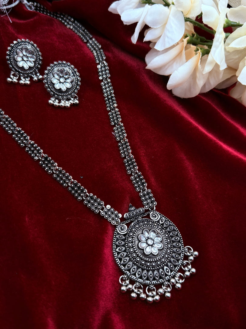 Ambe Oxidised long necklace with earrings