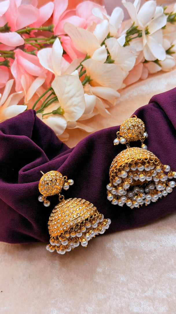 Golden jhumka with hanging pearls