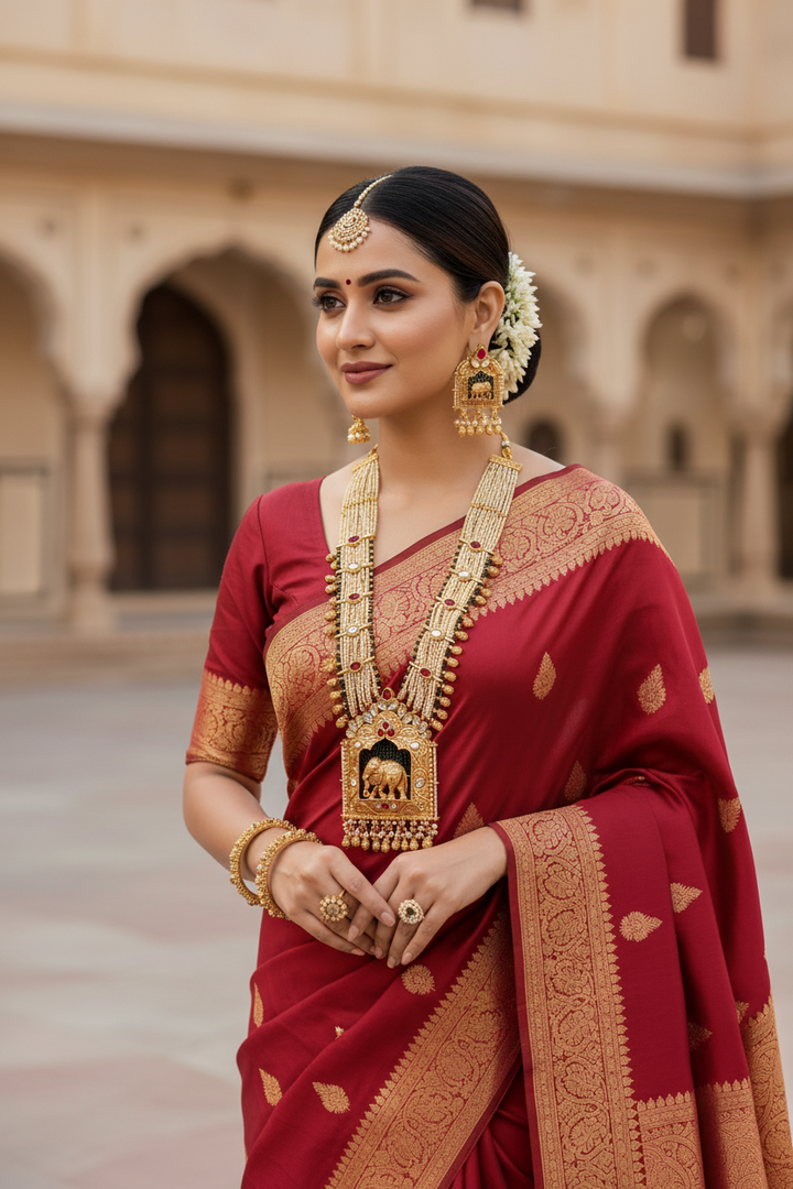 BRILLIANT RAJWADI ELEPHANT ANTIQUE GOLD PLATED NECKLACE (Mala)