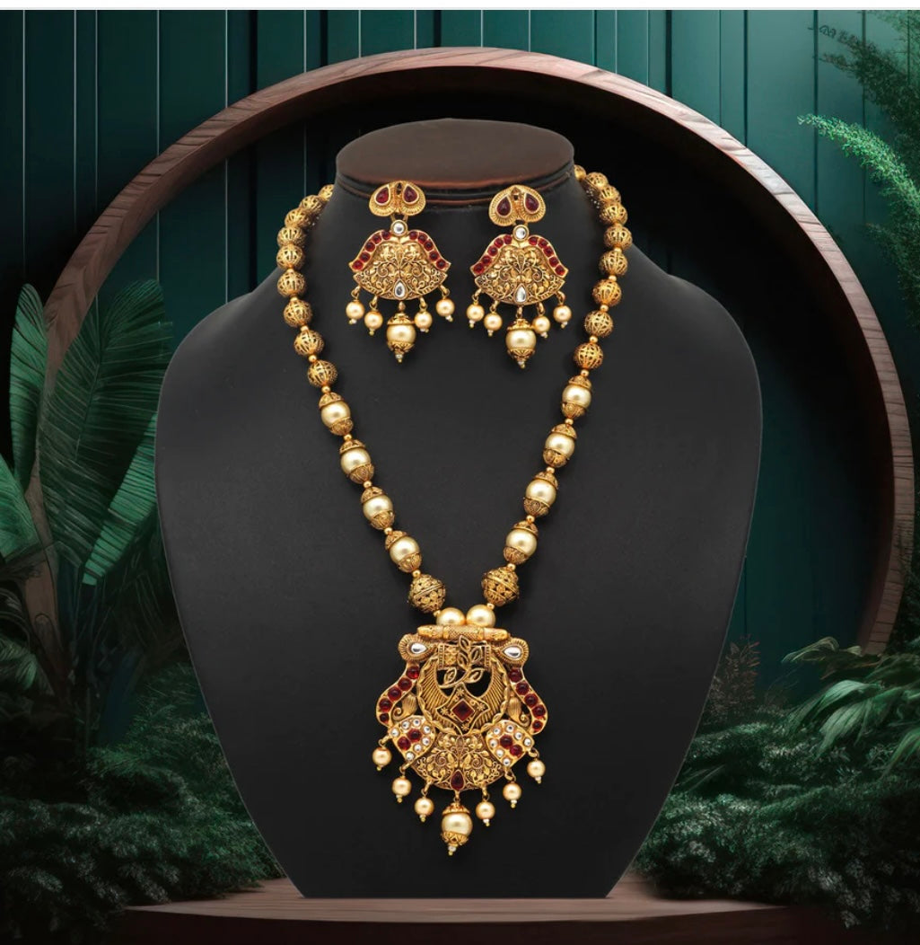 Gahena Rani Color Matte Gold Temple Necklace Set