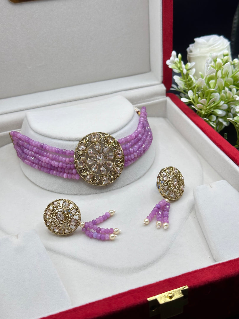 Lavender Polki Indian Choker Set