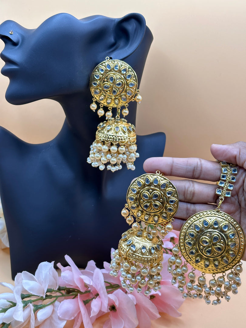 Nitara Kundan Oversized Tikka Jhumki Set with Oversized Earrings