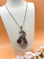 Load image into Gallery viewer, Maroon &amp; Green Color Glass Stone Peacock Insparied Necklace
