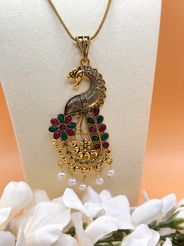 Maroon & Green Color Glass Stone Peacock Insparied Necklace