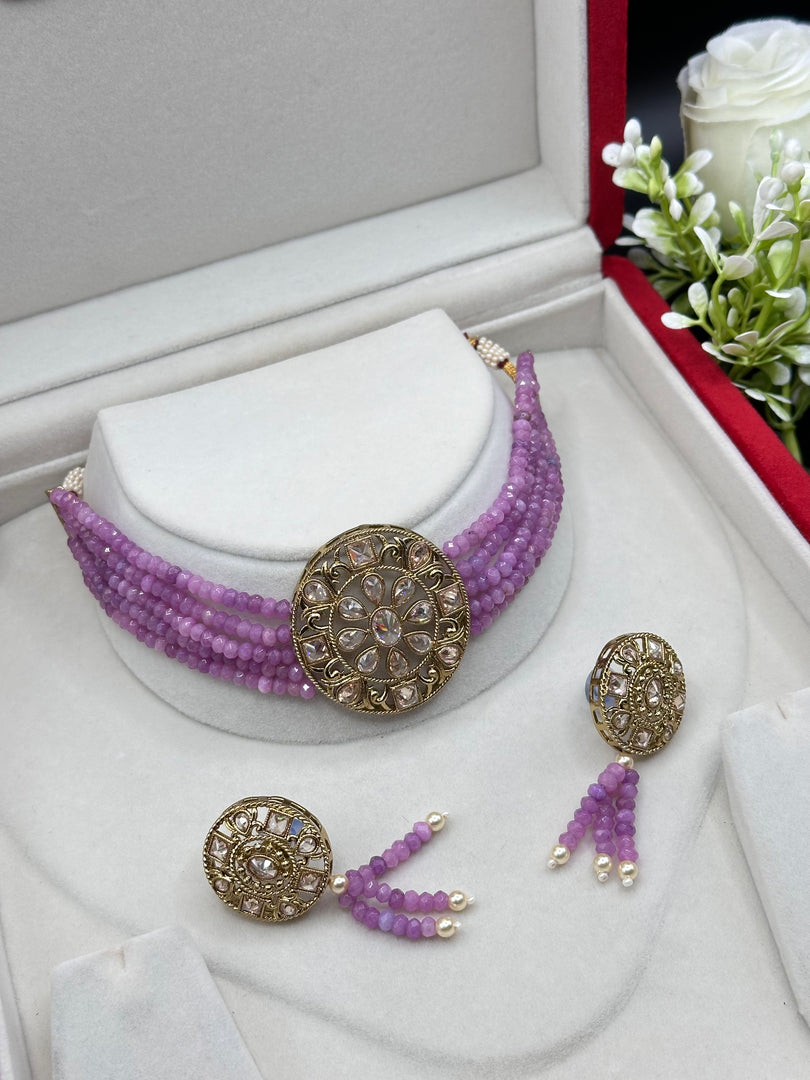 Lavender Polki Indian Choker Set