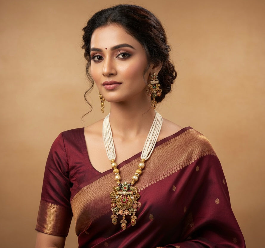 Rajwadi antique Gold matte Multi Color Matte Gold Temple Necklace Set