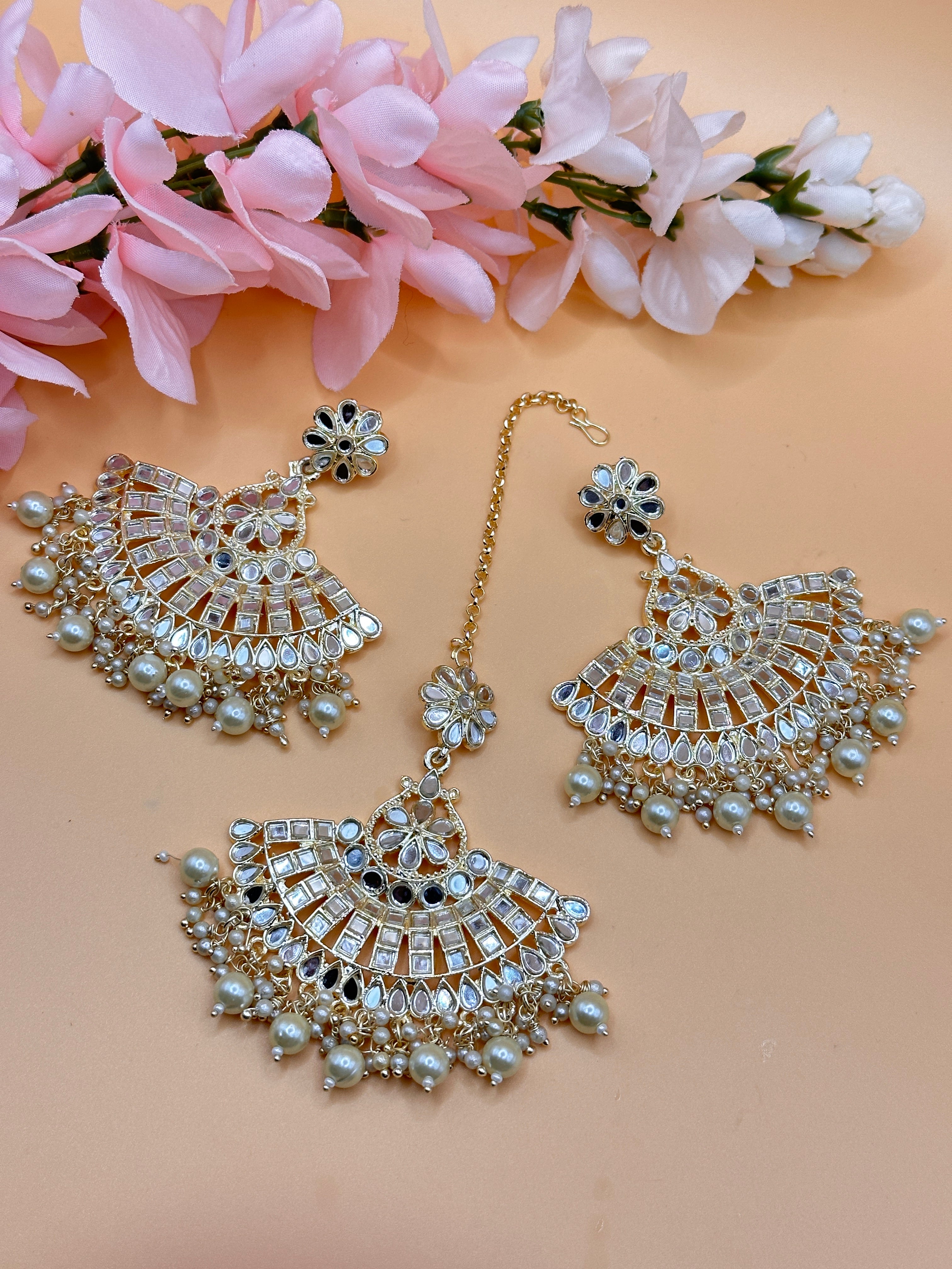 Kundan with hydro crystal necklace earrings mangtika set Maroon in Col –  Swatam Fashion