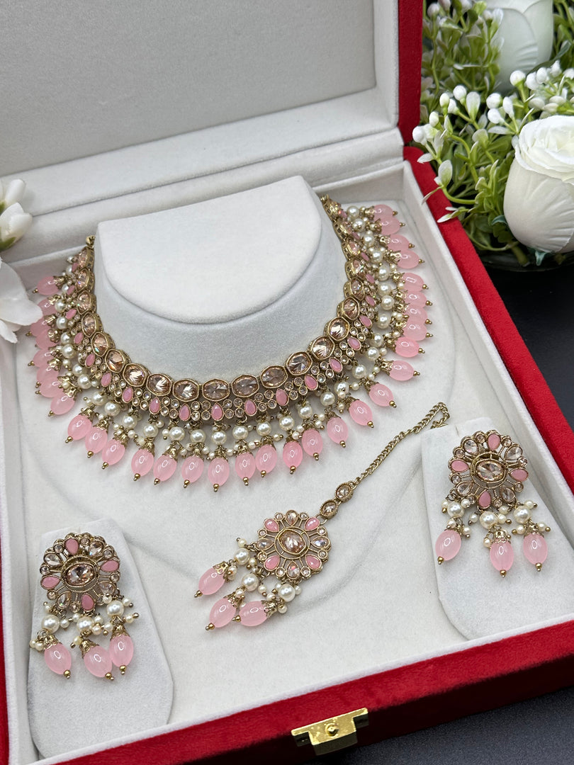 Misha Baby Pink Polki Indian Choker Set