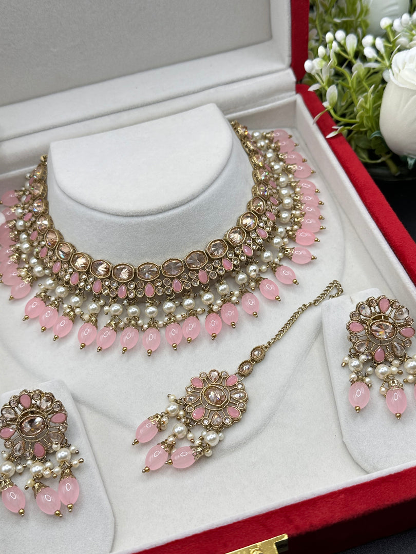 Misha Baby Pink Polki Indian Choker Set