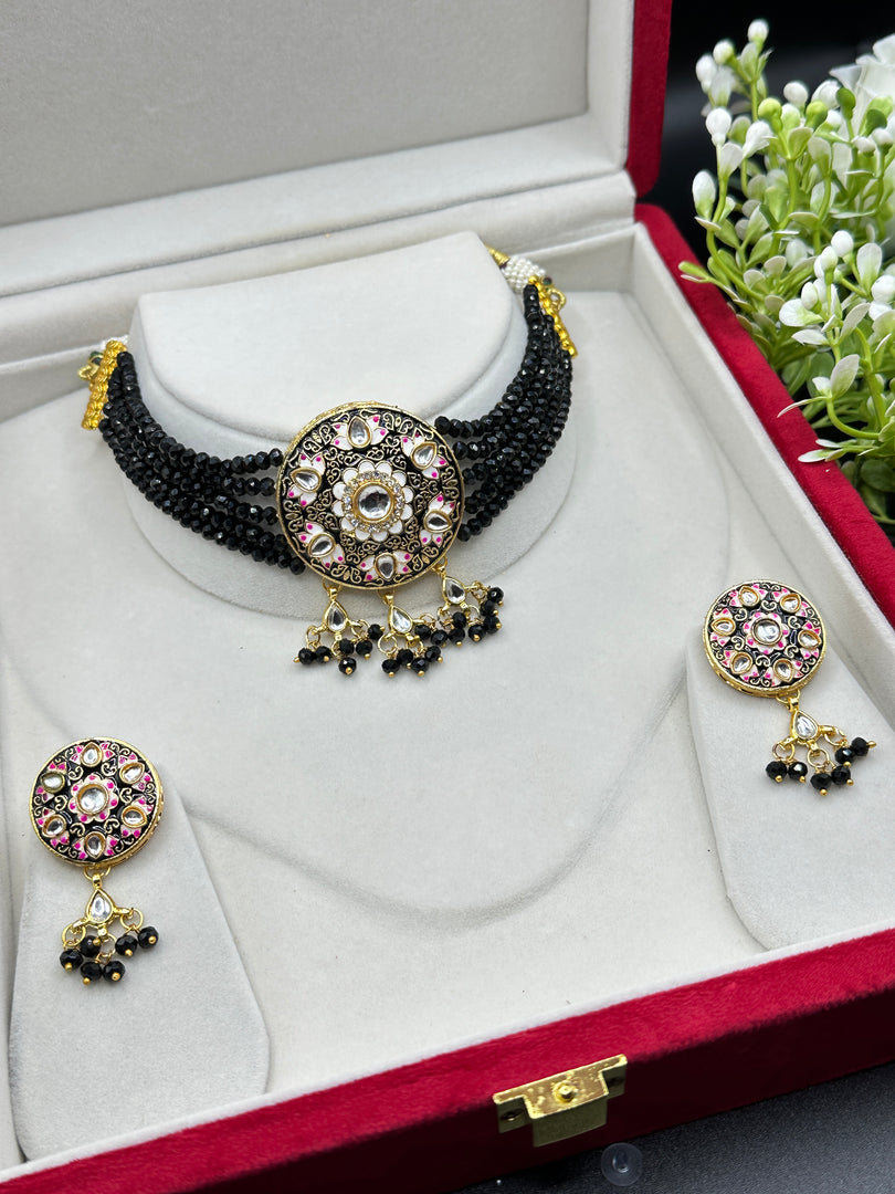 Black Pink Meenakari Choker Set