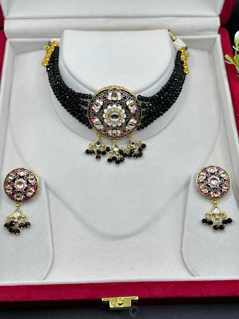 Black Pink Meenakari Choker Set