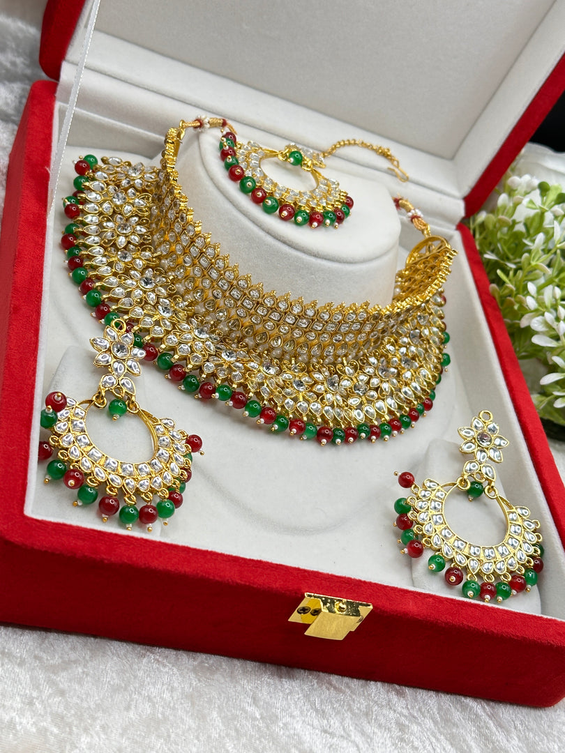 Green Red Gold platted Kundan Necklace Set