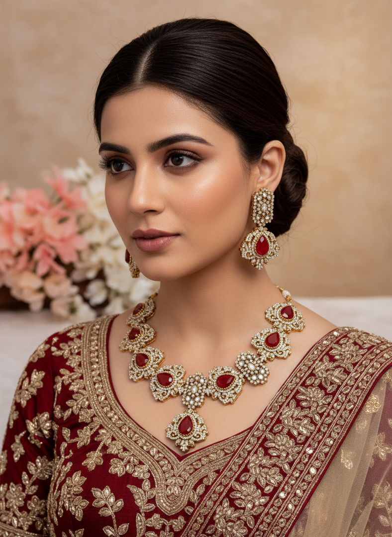 Woman wearing traditional jewelry and attire with a neutral background