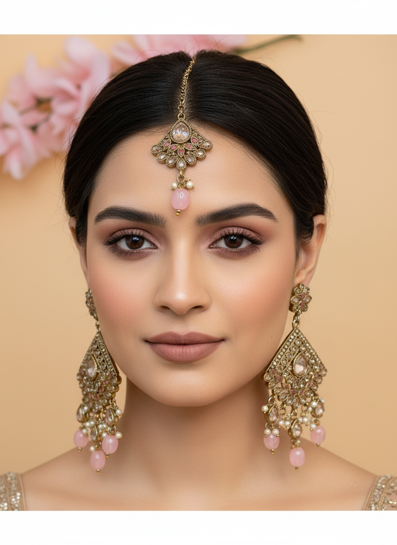 शनीज़ा बेबी पिंक पोल्की टीका सेट