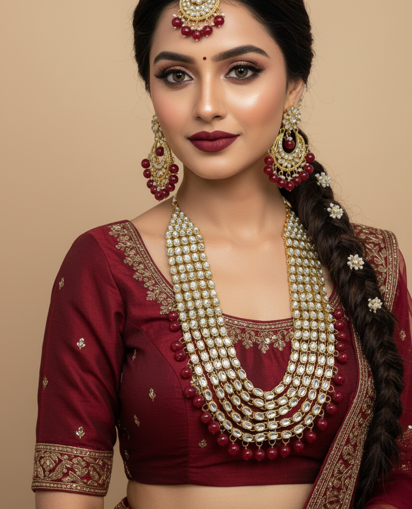 Red Kundan Long Necklace Set (Mala)