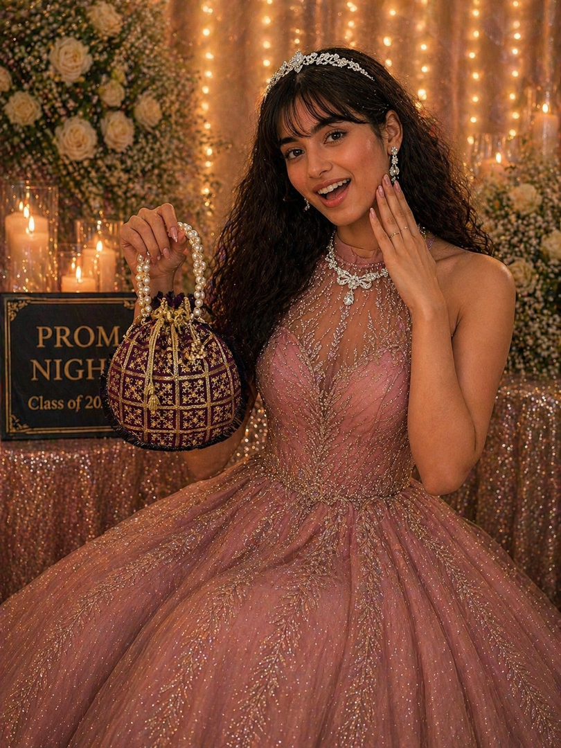 Prom accessories ( crown & Necklace earring & potali purse  )