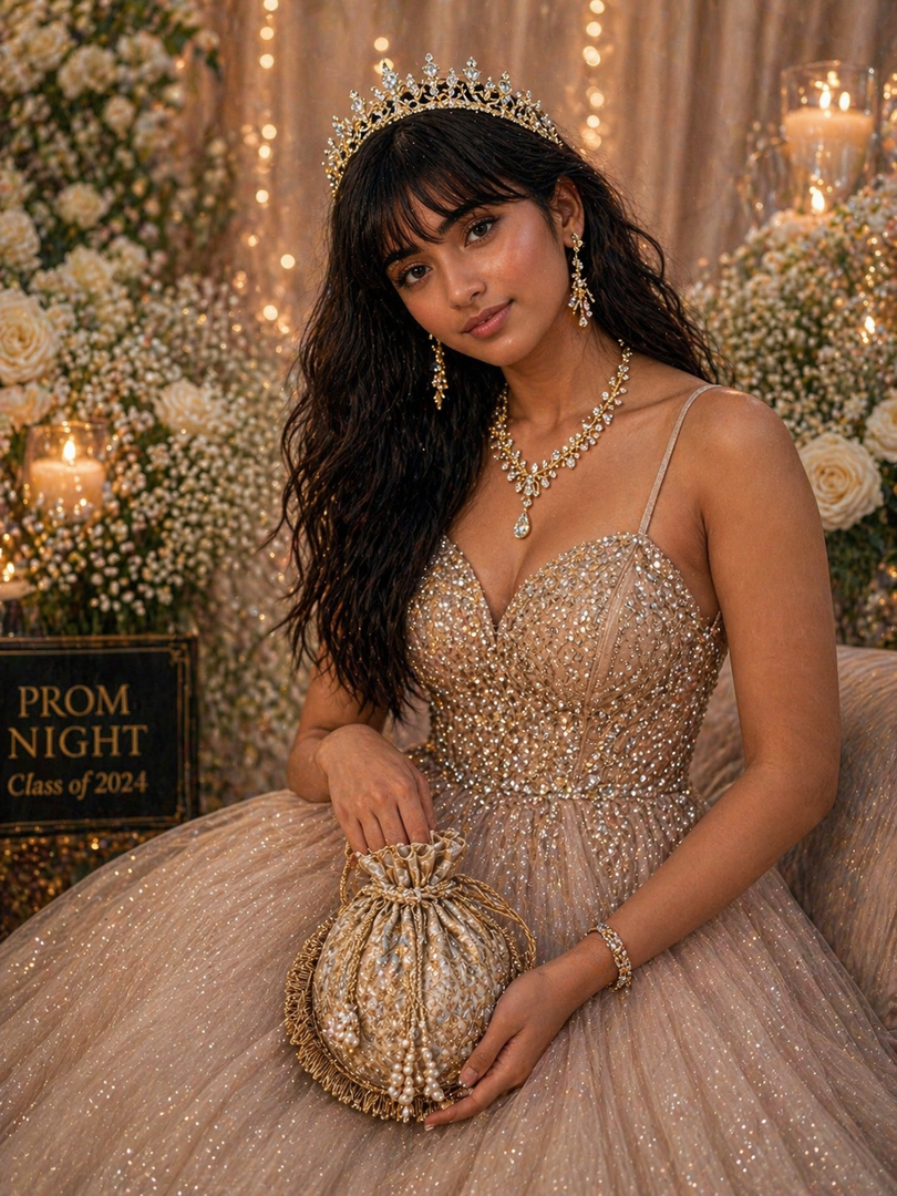 Prom accessories ( crown & Necklace earring & potali purse  )