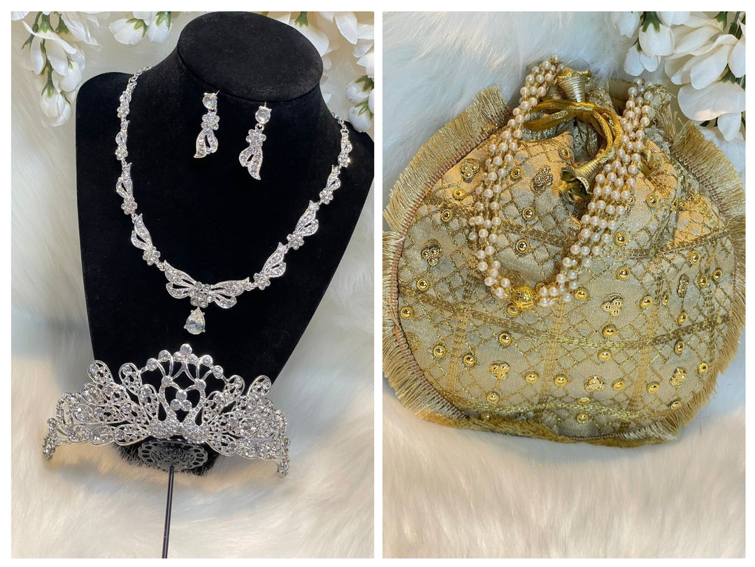 Prom accessories ( crown & Necklace earring & potali purse  )