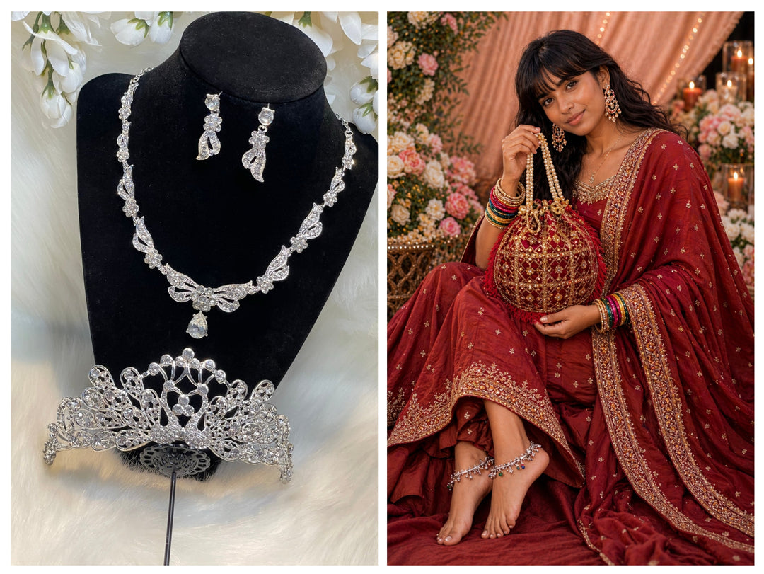 Prom accessories ( crown & Necklace earring & potali purse  )