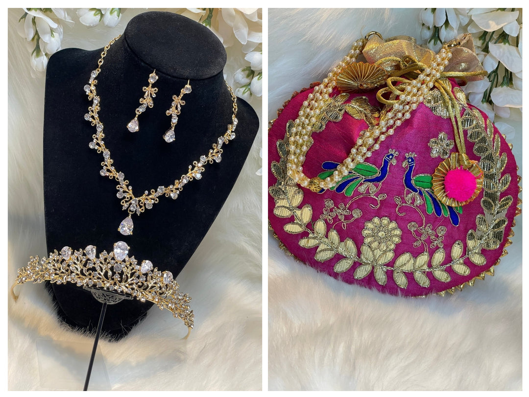 Prom accessories ( crown & Necklace earring & potali purse  )
