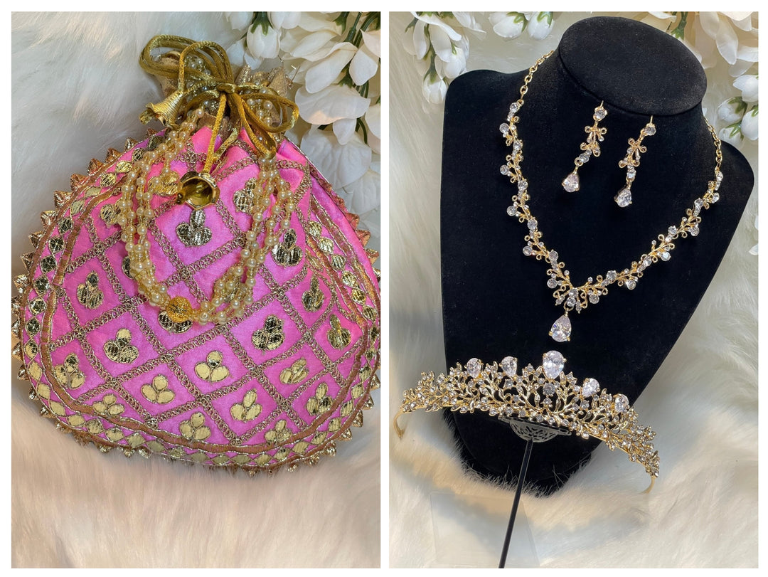 Prom accessories ( crown & Necklace earring & potali purse  )