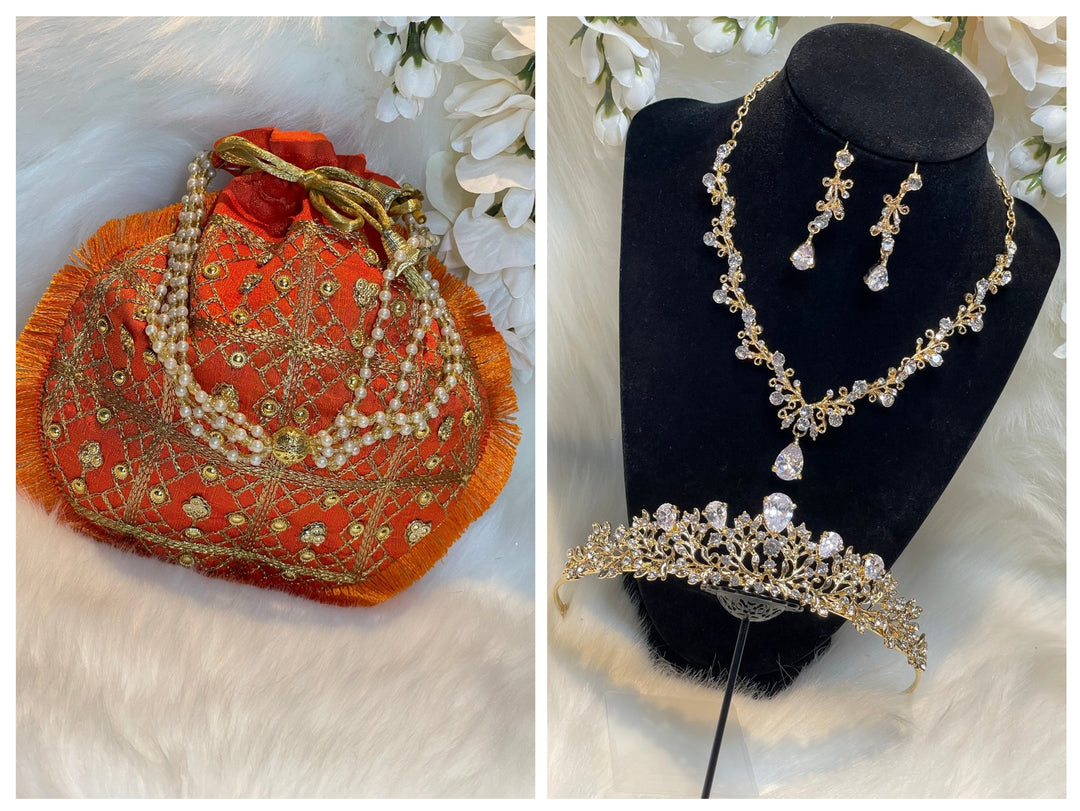 Prom accessories ( crown & Necklace earring & potali purse  )