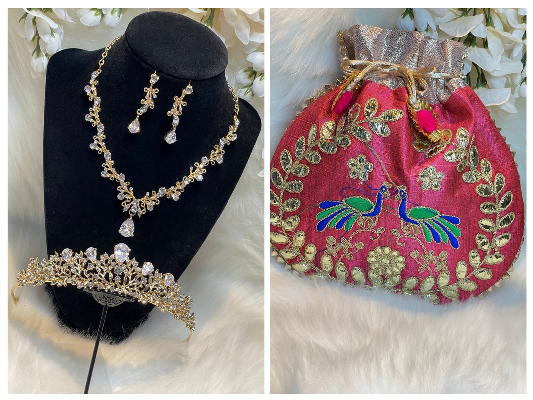 Prom accessories ( crown & Necklace earring & potali purse  )