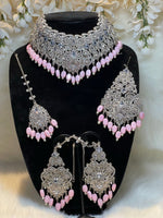 Load image into Gallery viewer, Beautiful Baby Pink Four Piece Silver Pakistani Choker Set - Affinity Giya
