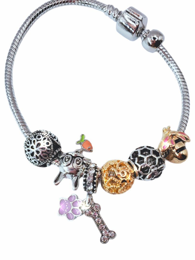 Bee, Bunny, Dog Bone & Bunny Paw Print Charm Bracelet - Affinity Giya