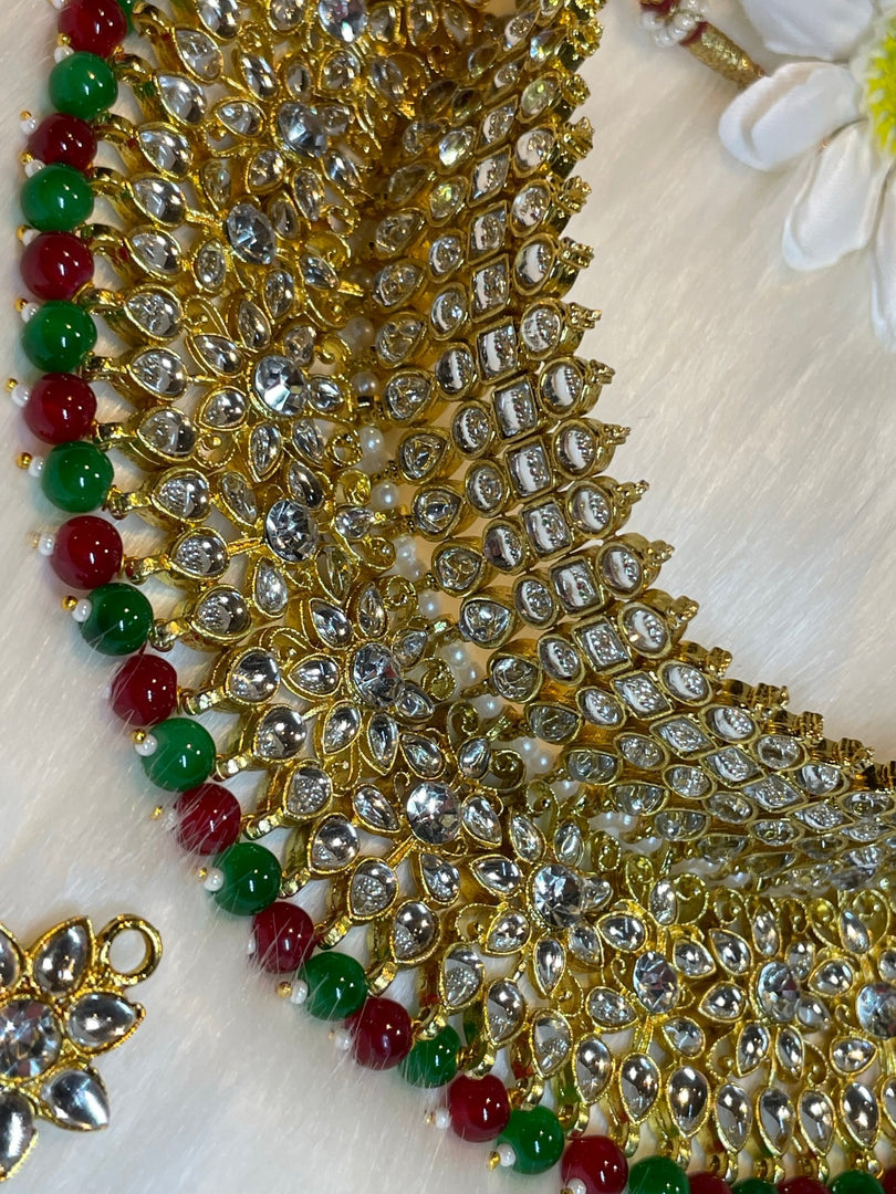 Green Red Gold platted Kundan Necklace Set - Affinity Giya