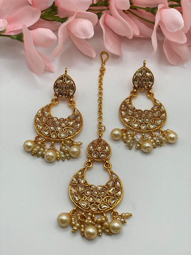Gold with pearl Tikka Earring Set