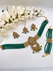 Green Arshi Crystal beads Indian Choker Set
