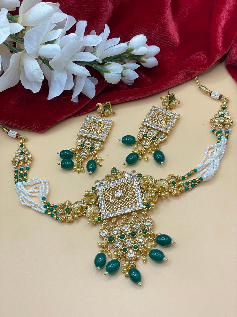 Jina Green matte Gold Plated Temple Jewerly set