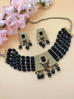 Load image into Gallery viewer, Black Beads With  American Diamond Choker Set