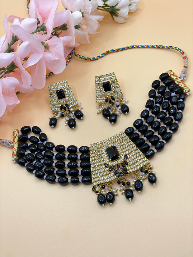 Black Beads With  American Diamond Choker Set