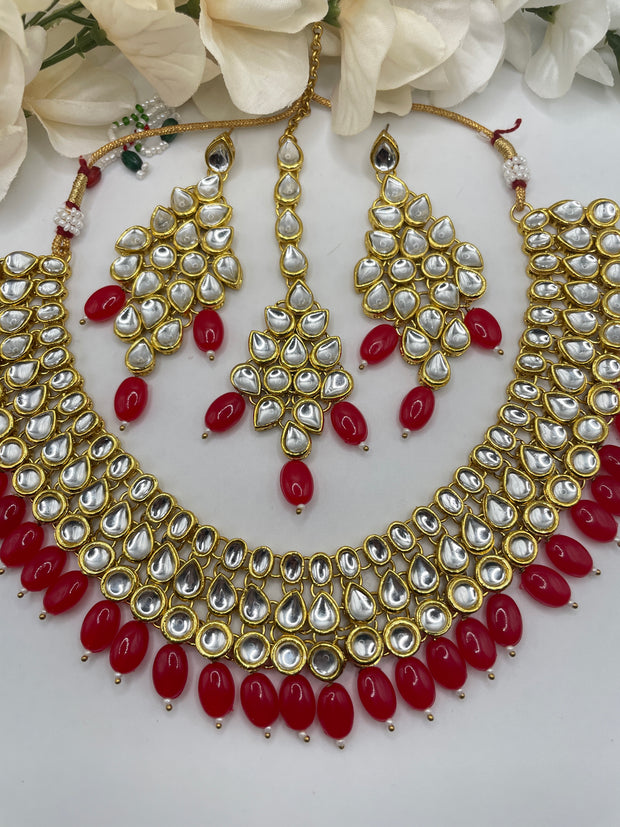 Red kundan Necklace Tikka Earring Set..