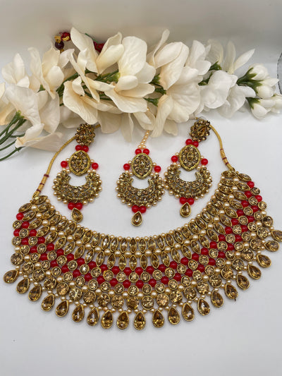 Kinjal Red Golden Stone Indian Choker Set