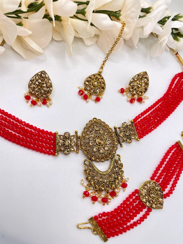 Red Arshi Crystal beads Indian Choker Set