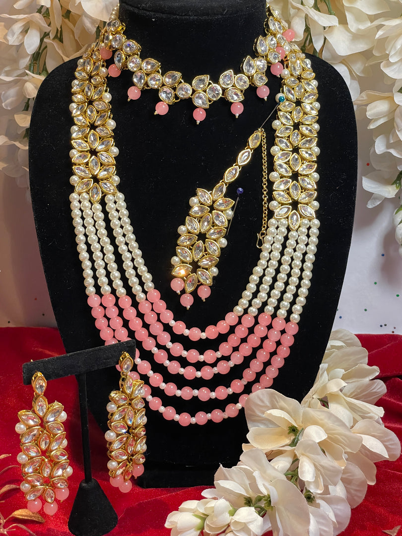 Netra Light Peach Color  white pearl Necklace Set
