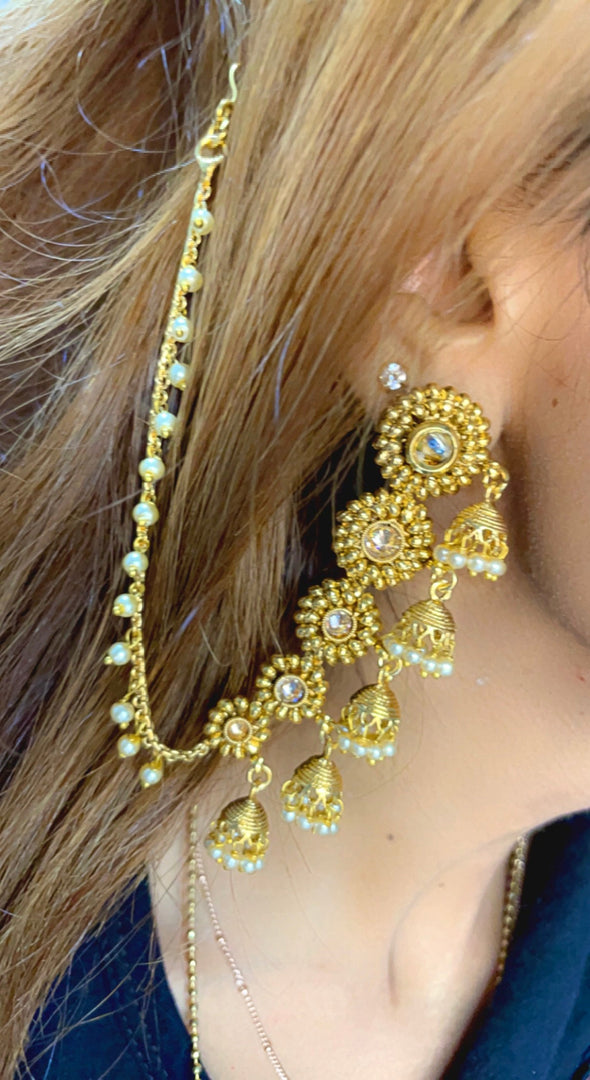 I Jewels Gold Plated Pearl & Kundan Bahubali Earrings with Hair Chain for  Women (E2610FL) : Amazon.in: Jewellery