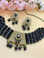 Black Beads With  American Diamond Choker Set