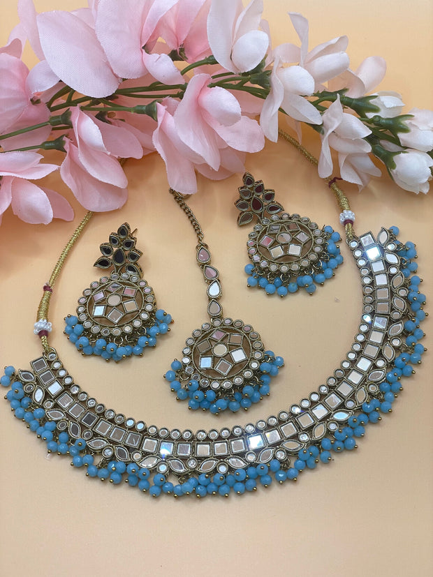 Blue Kanchan Mirrror Necklace Set