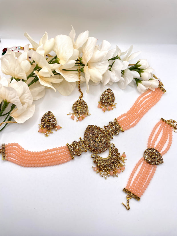 Peach Arshi Crystal beads Indian Choker Set