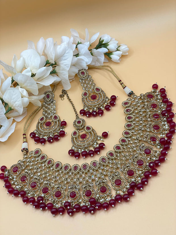 Maroon Bridal Polki Indian Necklace Set