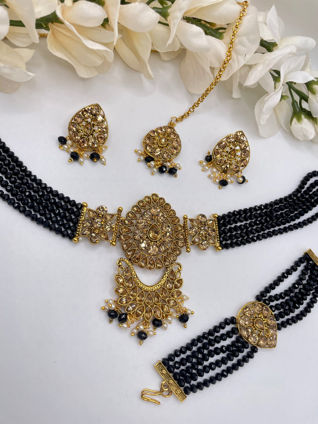 Black Arshi Crystal beads Indian Choker Set