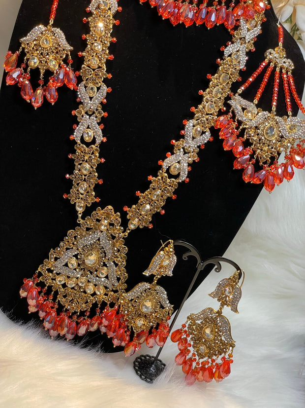 Pakistani Red Orangish Indian Bridal Jewellery Set - Affinity Giya