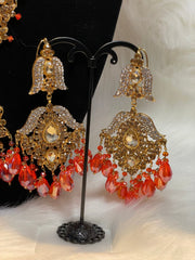 Pakistani Red Orangish Indian Bridal Jewellery Set - Affinity Giya earrings 