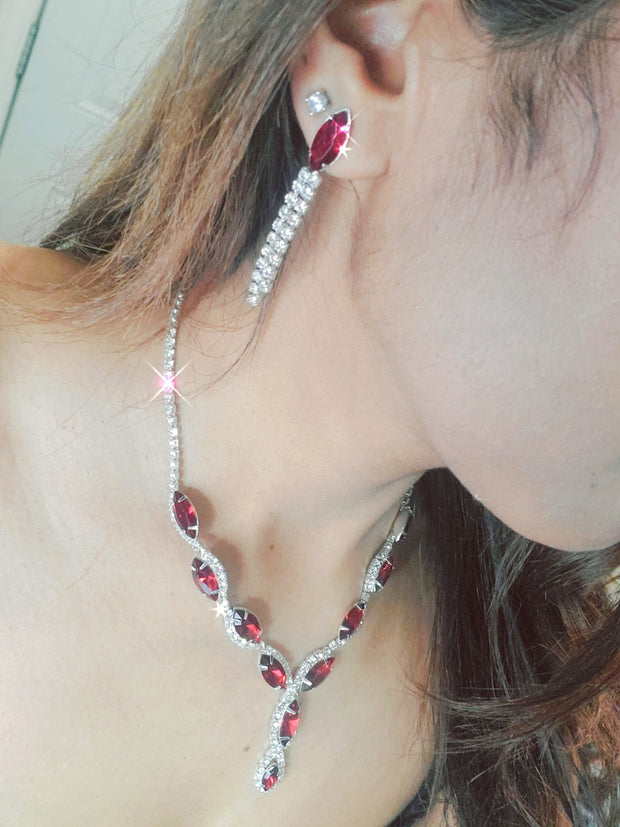 Red Rhinestone Necklace and Earrings Set - Affinity Giya